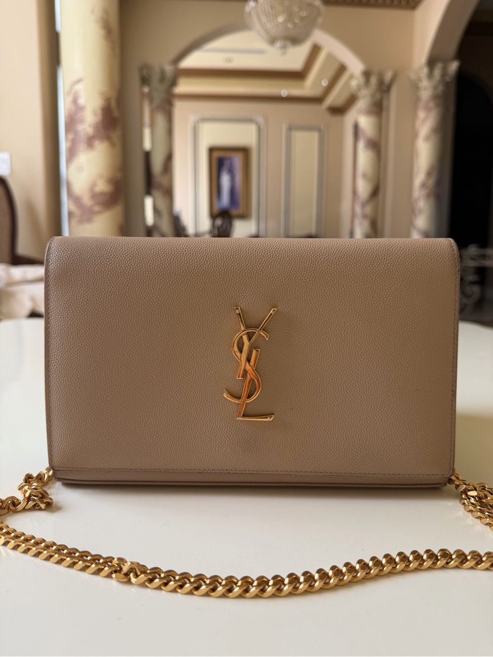 Saint Laurent Beige Leather YSL Chain Crossbody Bag